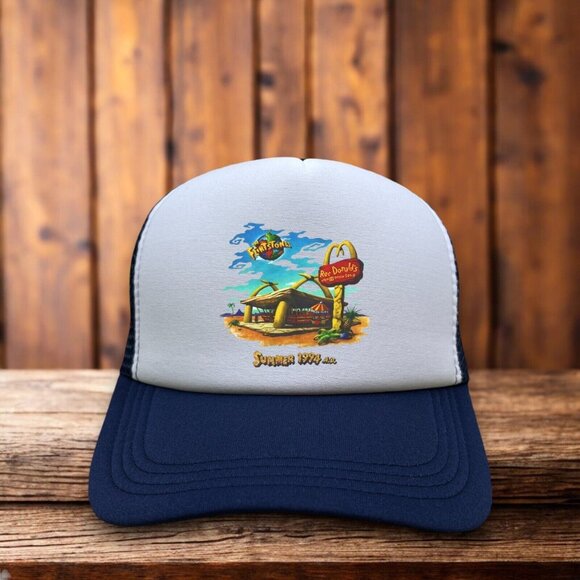 McDonalds Flinstones 1994 Retro Logo Unisex Trucker Hat Navy Snapback Ball Cap - Picture 1 of 4